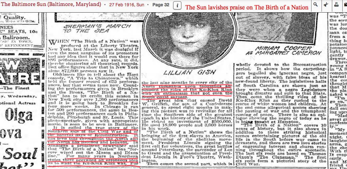 The Baltimore Sun Prasies Birth of a Nation, 1916.